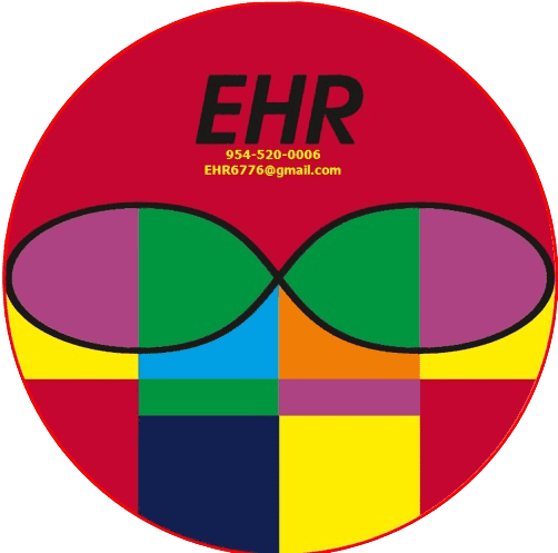 Multi-color EHR logo with phone number and email address.