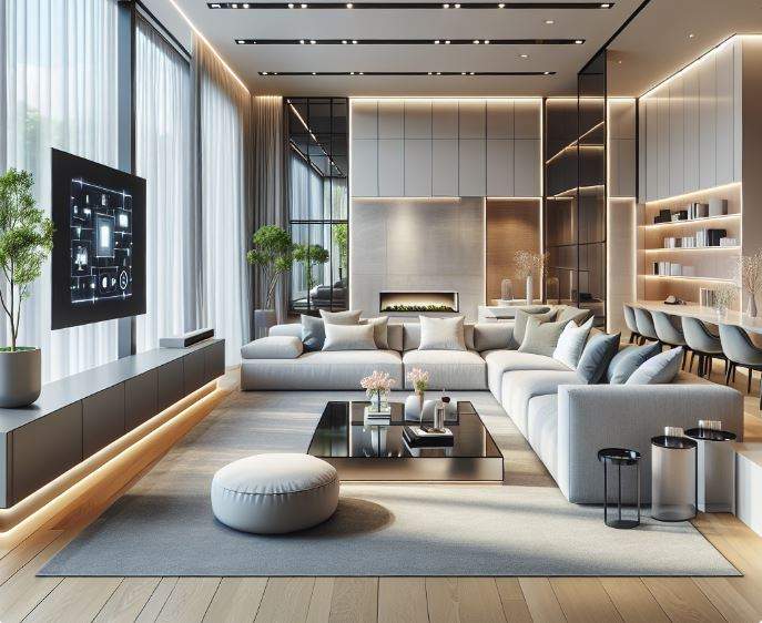 Modern living room with high-tech renovation, top-tier furniture, modular sofa, floating TV unit, glass coffee table, LED lights, and large windows.