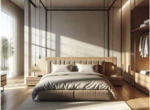 Modern bedroom with floor-to-ceiling windows, minimalist furniture, and neutral tones