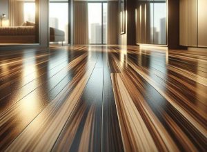 Modern laminate flooring with a sleek, shiny finish and realistic wood pattern in light brown and dark stripes