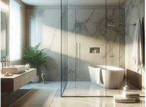 Bathroom with modern bathtub and large shiny tiles covering the walls and floor from top to bottom